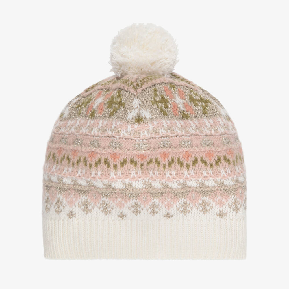 Bonpoint-Girls Ivory & Pink Fair Isle Knitted Hat  | Childrensalon