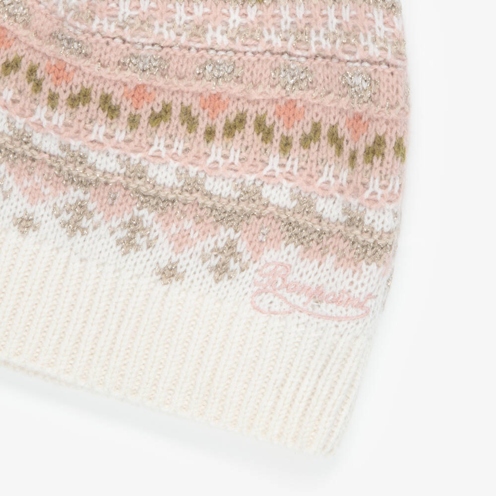 Bonpoint-Girls Ivory & Pink Fair Isle Knitted Hat | Childrensalon