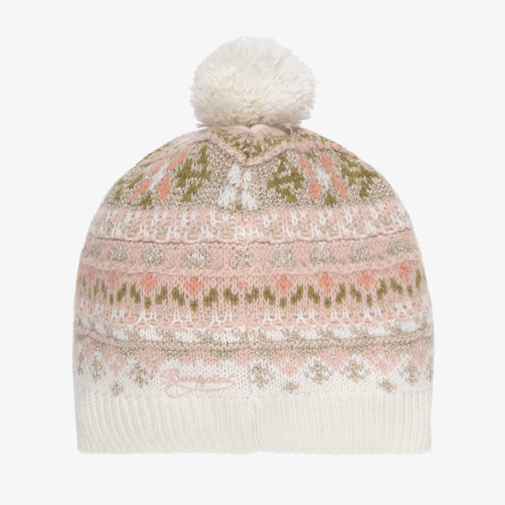 Bonpoint-Girls Ivory & Pink Fair Isle Knitted Hat | Childrensalon