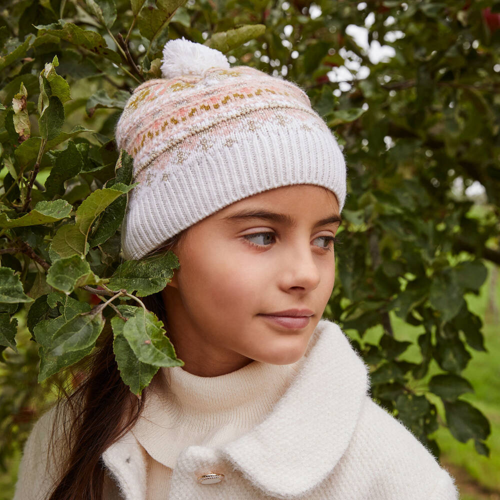 Bonpoint-Girls Ivory & Pink Fair Isle Knitted Hat | Childrensalon