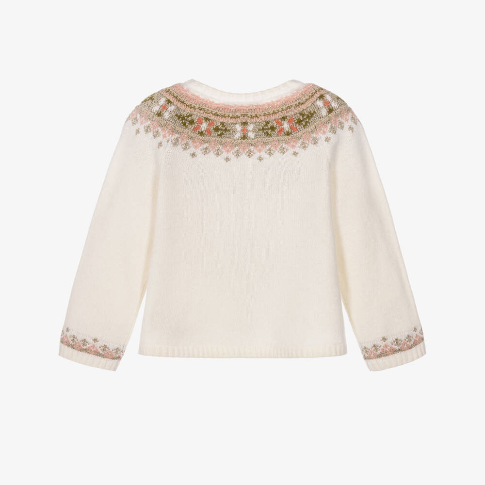 Bonpoint-Girls Ivory & Pink Fair Isle Wool Blend Cardigan | Childrensalon