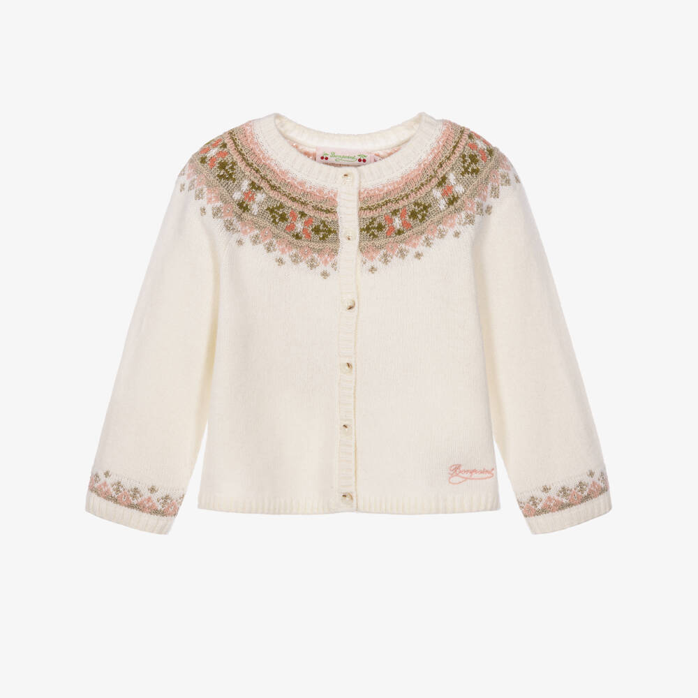 Bonpoint-Girls Ivory & Pink Fair Isle Wool Blend Cardigan | Childrensalon