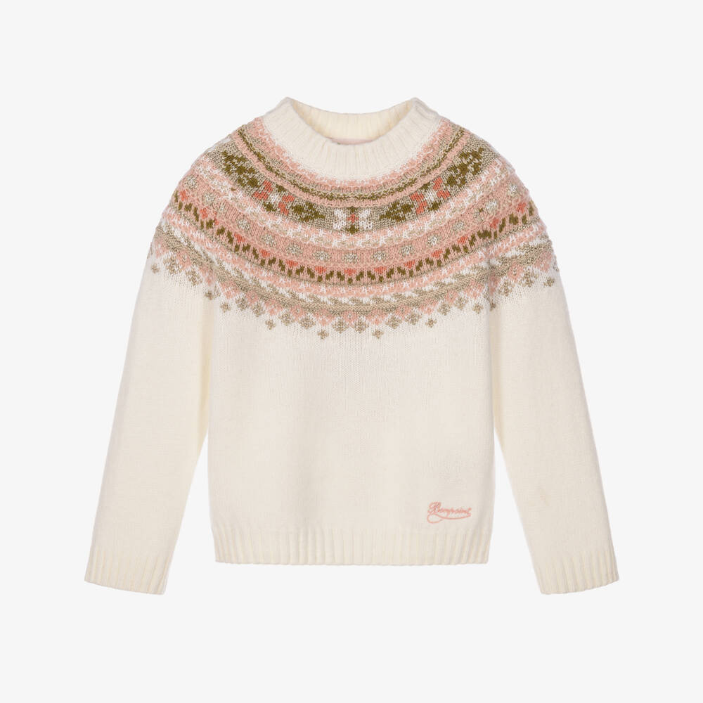Bonpoint-Girls Ivory & Pink Fair Isle Wool Blend Sweater | Childrensalon