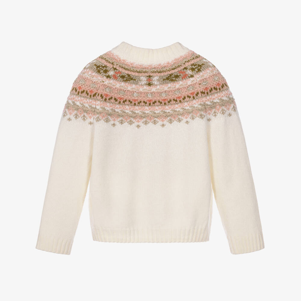 Bonpoint-Girls Ivory & Pink Fair Isle Wool Blend Sweater | Childrensalon