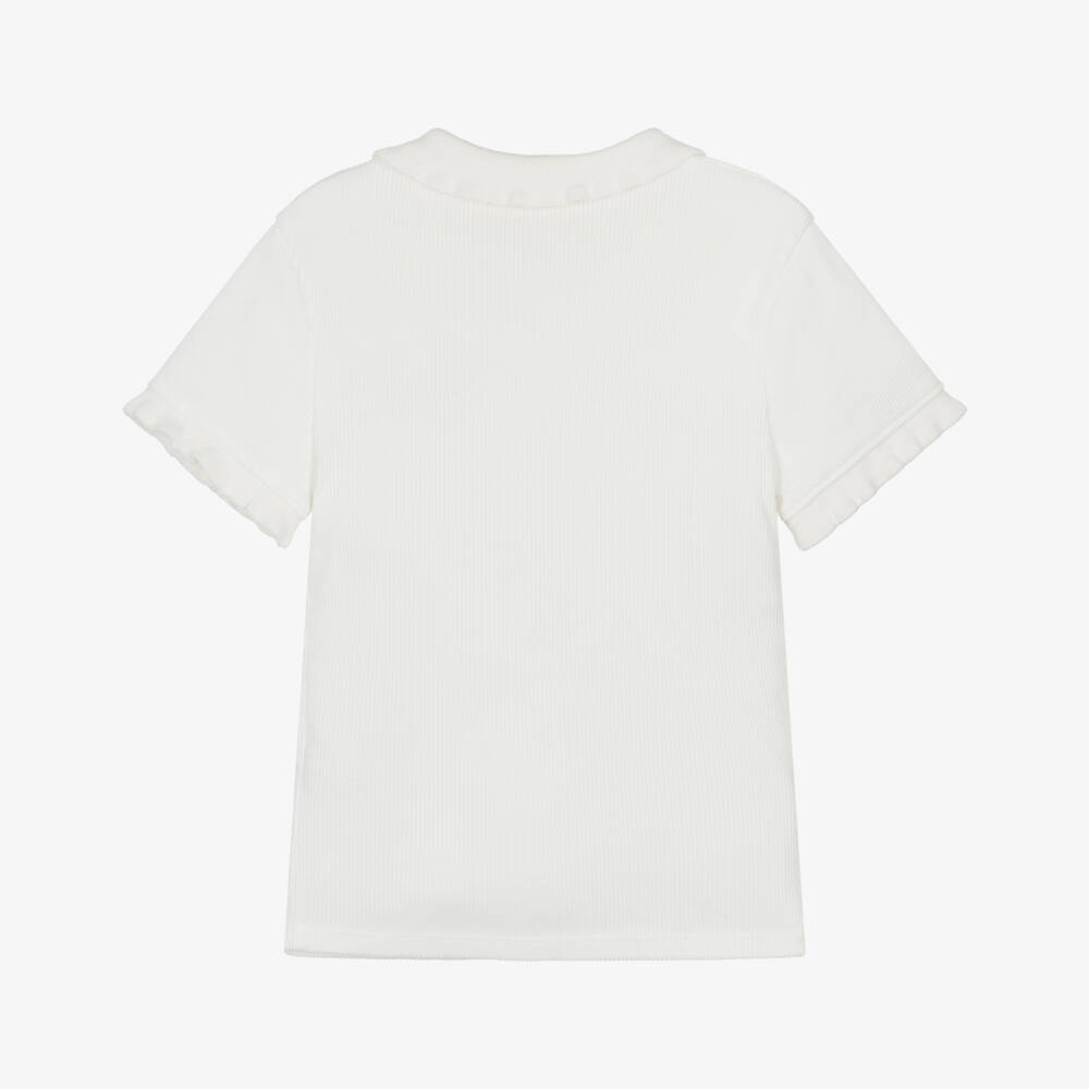 Bonpoint-Girls Ivory Ribbed Organic Cotton Polo Shirt | Childrensalon
