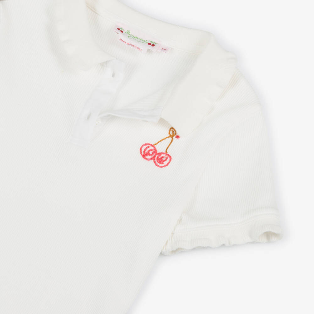 Bonpoint-Girls Ivory Ribbed Organic Cotton Polo Shirt | Childrensalon