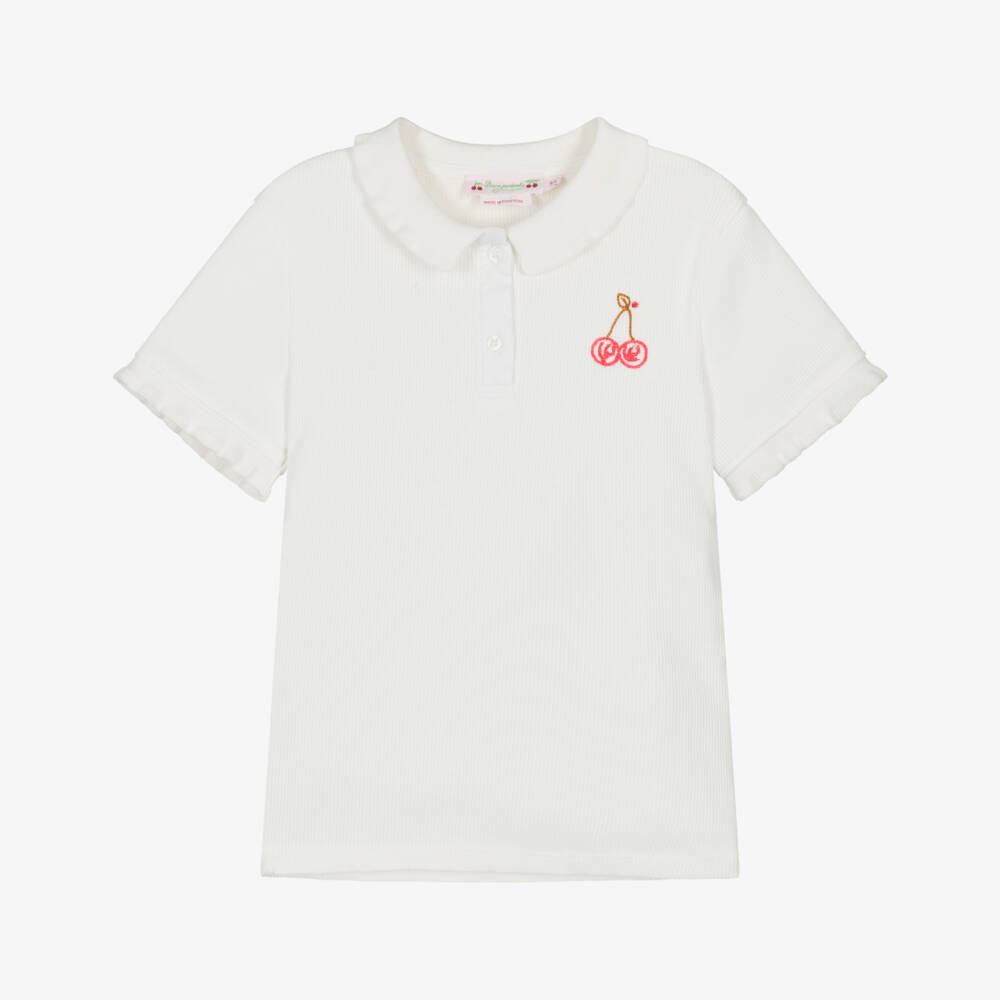 Bonpoint-Girls Ivory Ribbed Organic Cotton Polo Shirt | Childrensalon