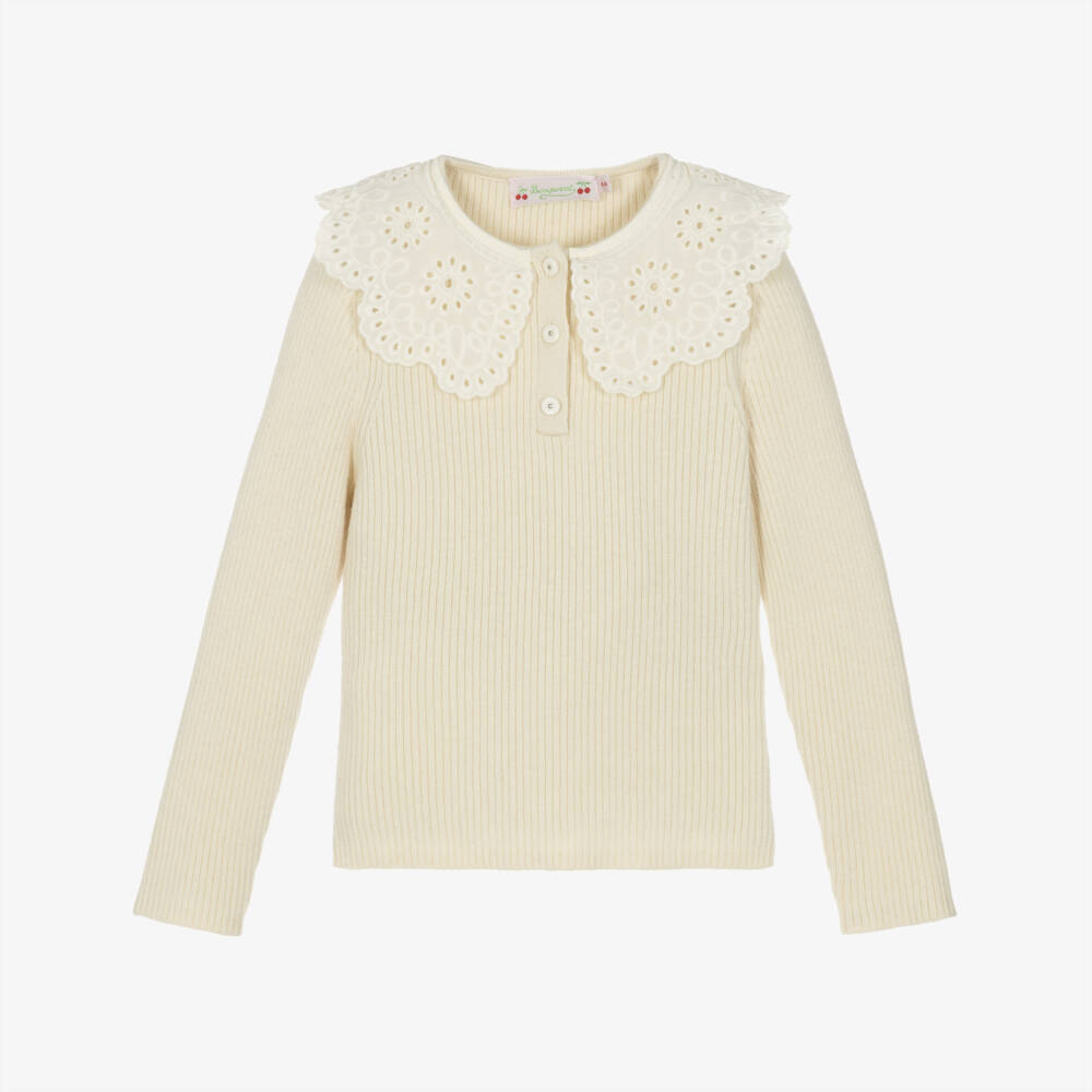 Bonpoint-Girls Ivory Ribbed Sweater with Lace Collar | Childrensalon