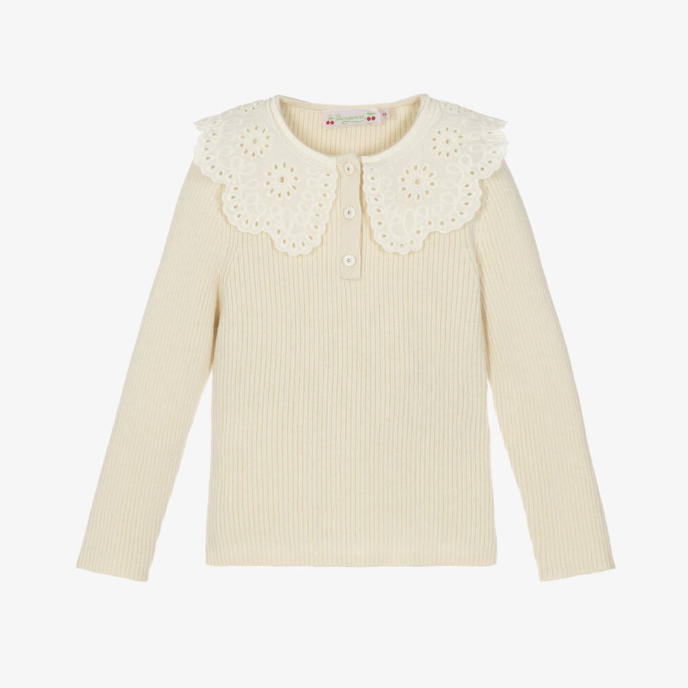 Bonpoint-Girls Ivory Ribbed Sweater with Lace Collar | Childrensalon