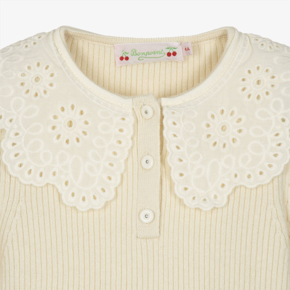 Bonpoint-Girls Ivory Ribbed Sweater with Lace Collar | Childrensalon