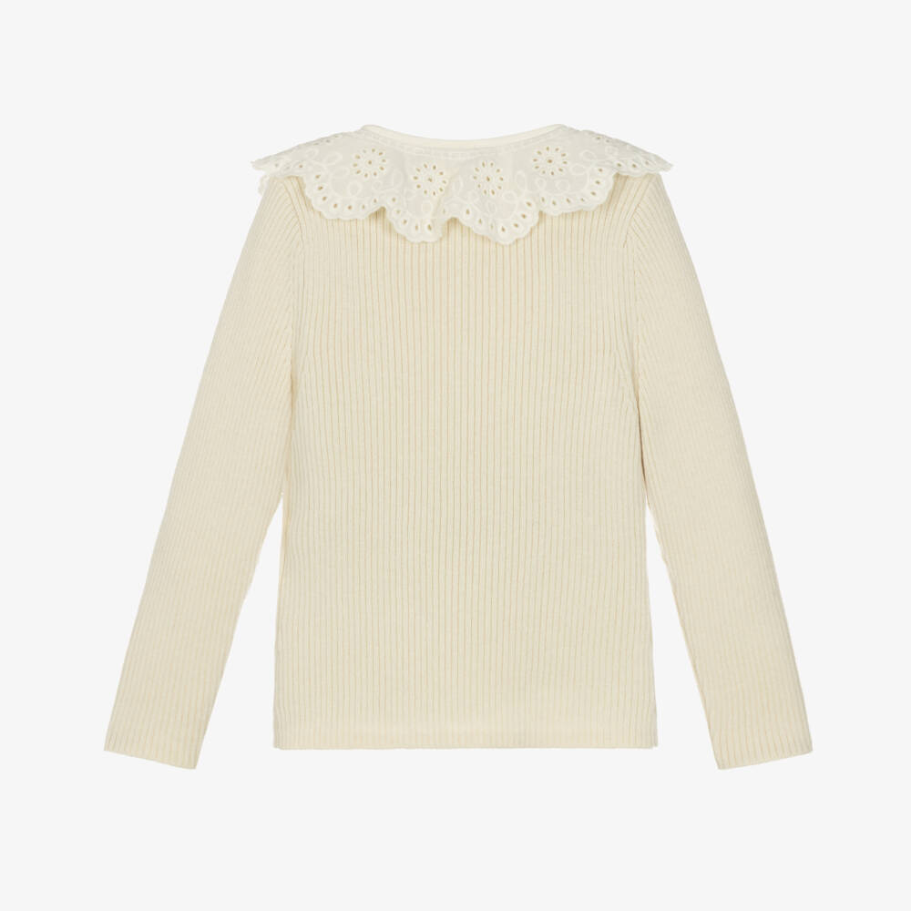 Bonpoint-Girls Ivory Ribbed Sweater with Lace Collar | Childrensalon