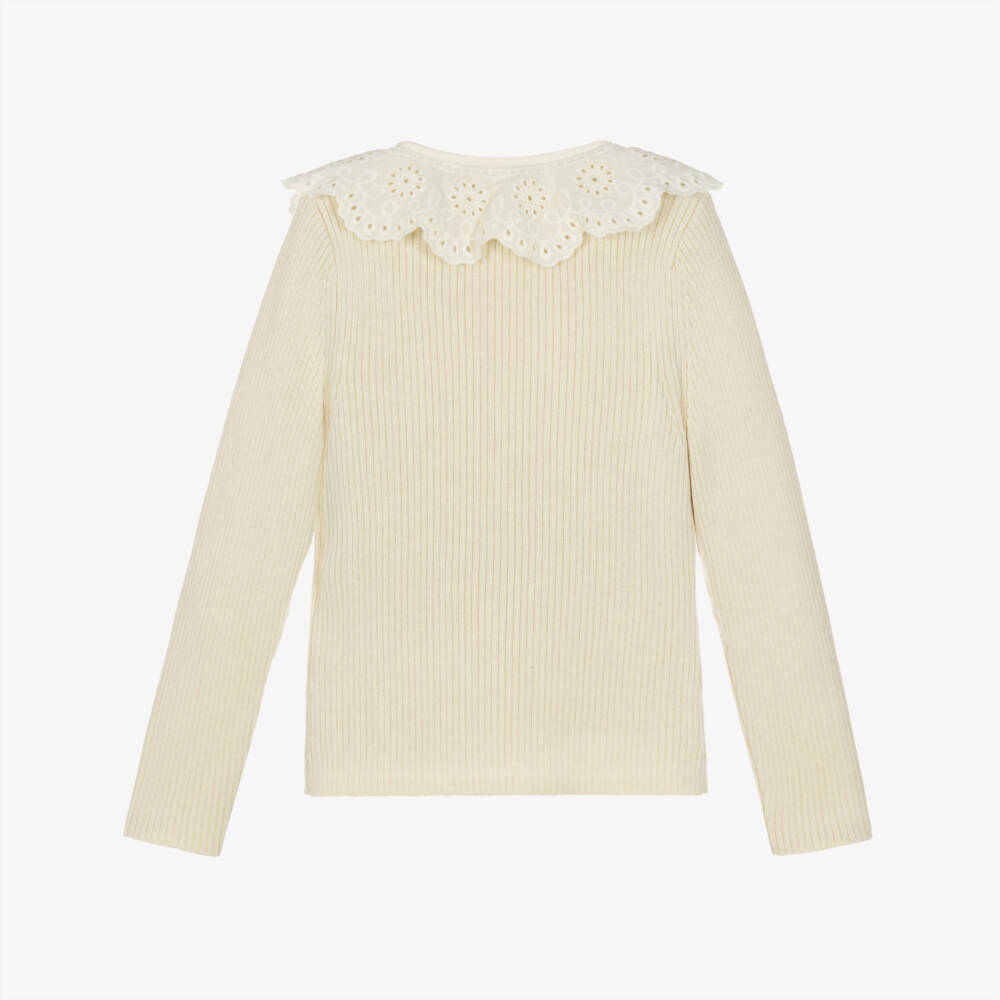 Bonpoint-Girls Ivory Ribbed Sweater with Lace Collar | Childrensalon