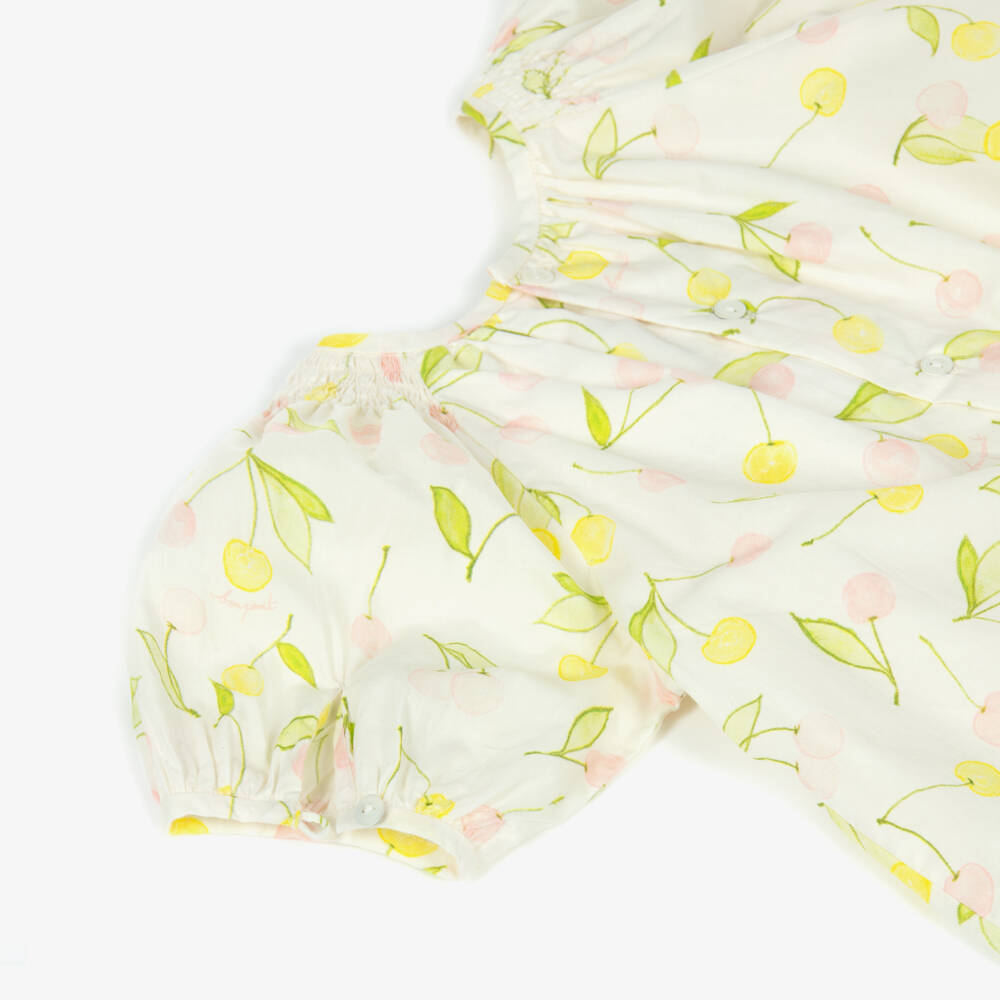 Bonpoint-Girls Ivory Smocked Cotton Dress with Pink & Yellow Cherries | Childrensalon