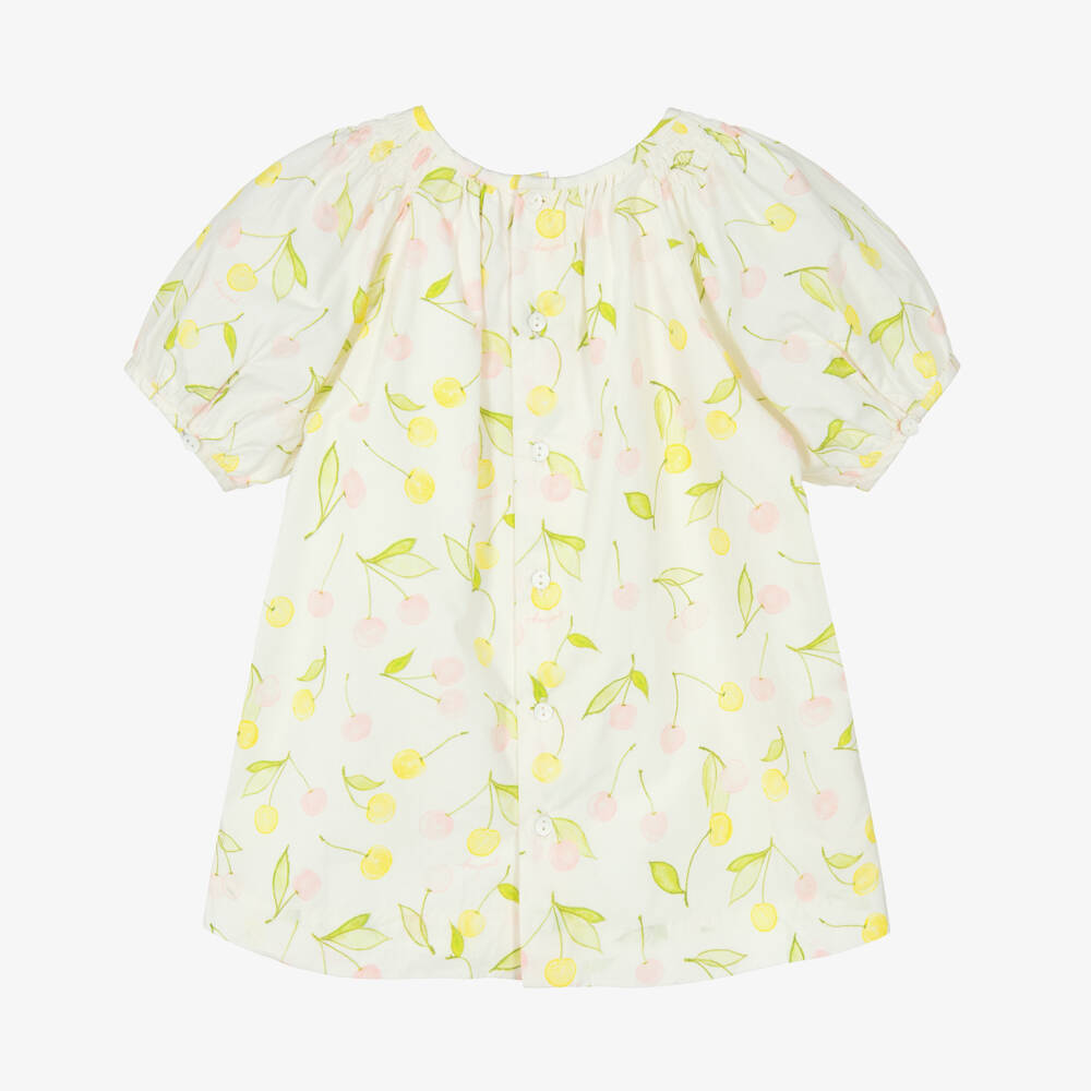 Bonpoint-Girls Ivory Smocked Cotton Dress with Pink & Yellow Cherries | Childrensalon