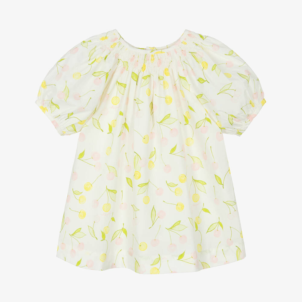 Bonpoint-Girls Ivory Smocked Cotton Dress with Pink & Yellow Cherries | Childrensalon
