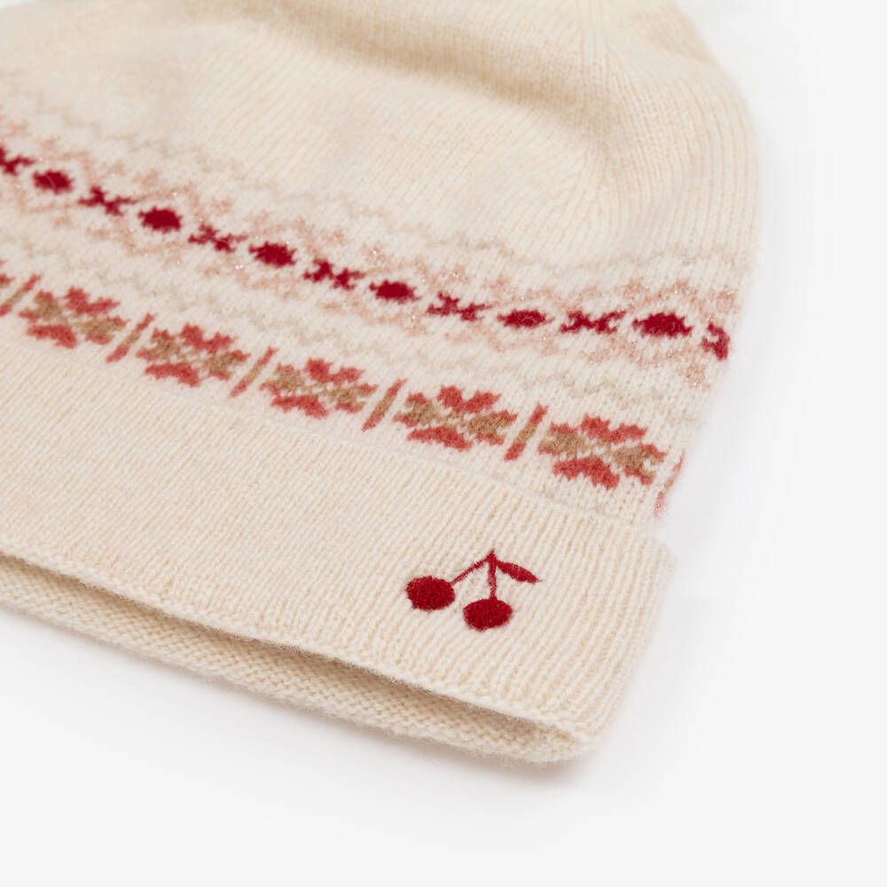 Bonpoint-Girls Ivory Wool Knit Fair Isle Beanie Hat | Childrensalon