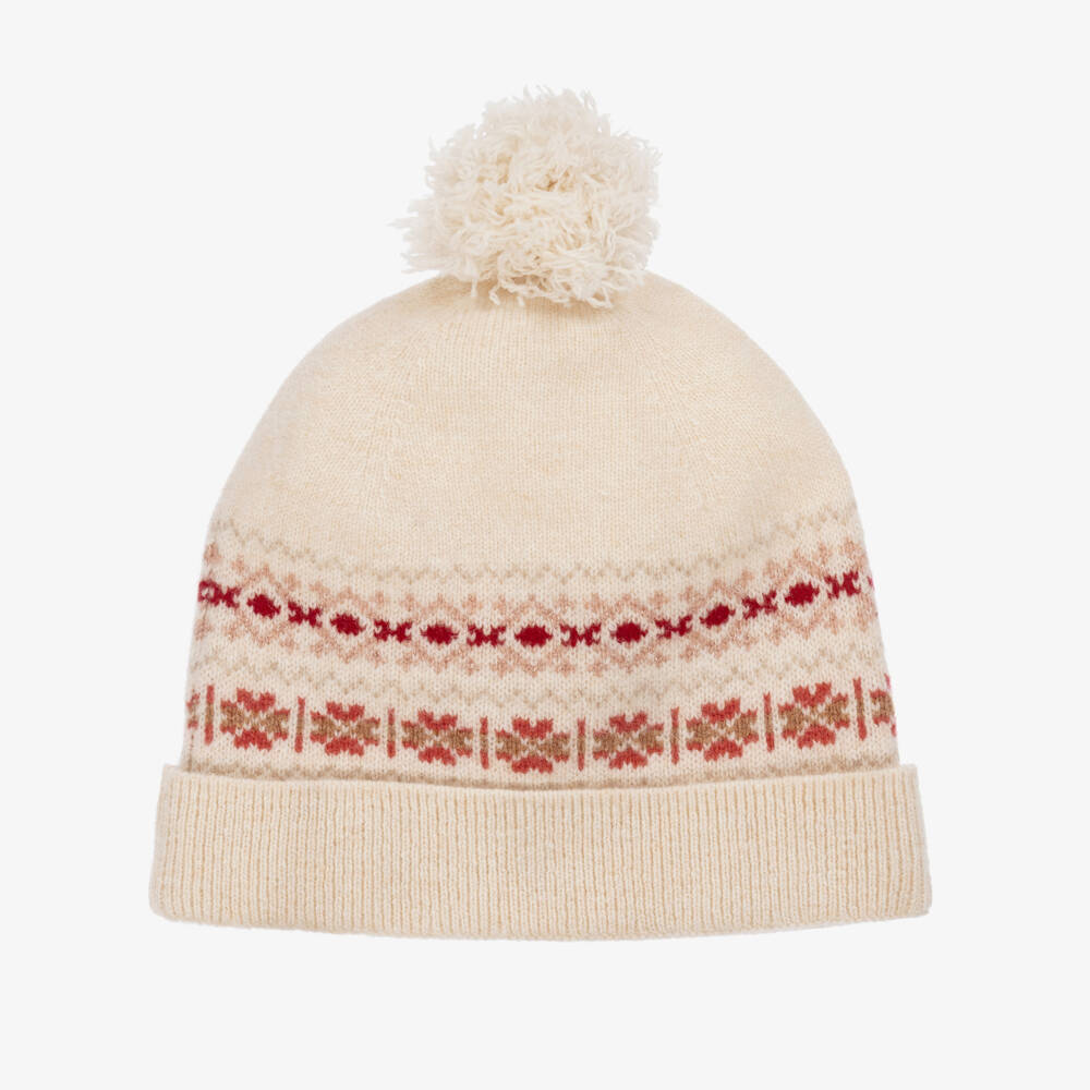 Bonpoint-Girls Ivory Wool Knit Fair Isle Beanie Hat | Childrensalon