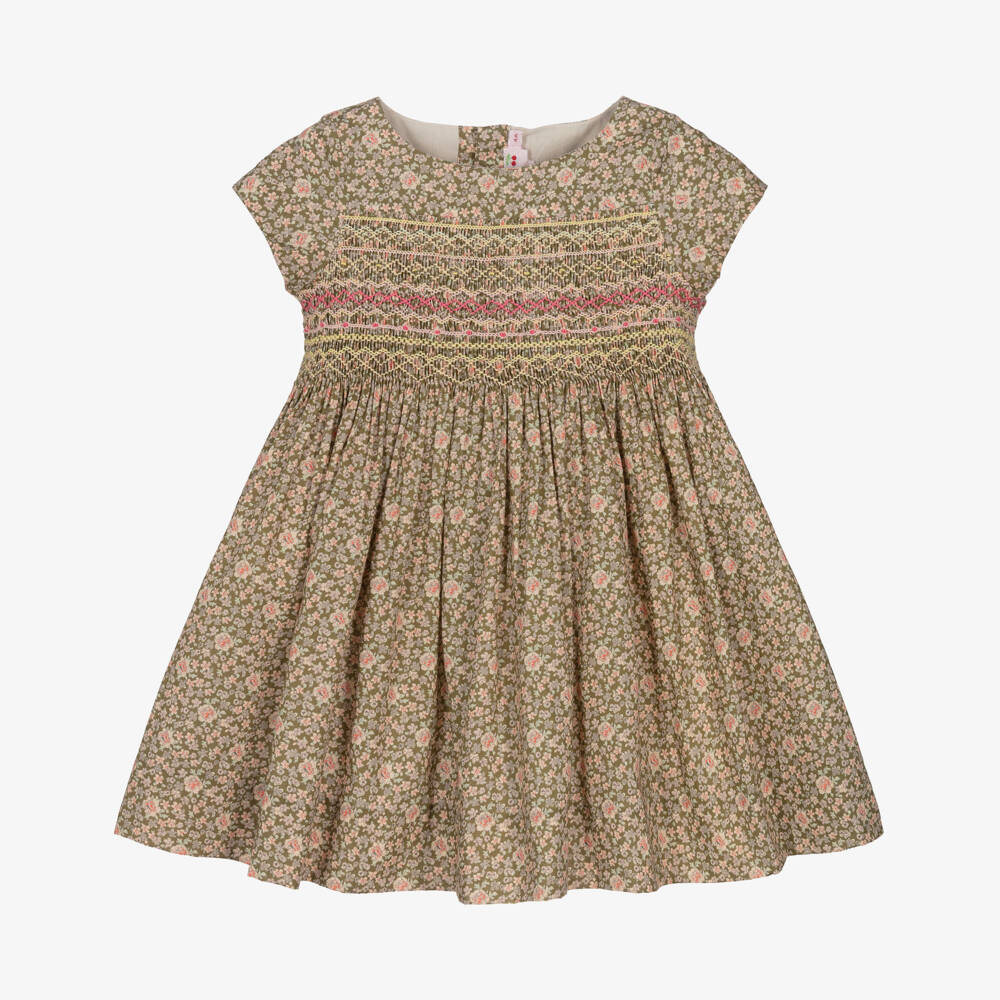 Bonpoint-Girls Khaki Green Liberty Floral Fabric Smocked Dress | Childrensalon