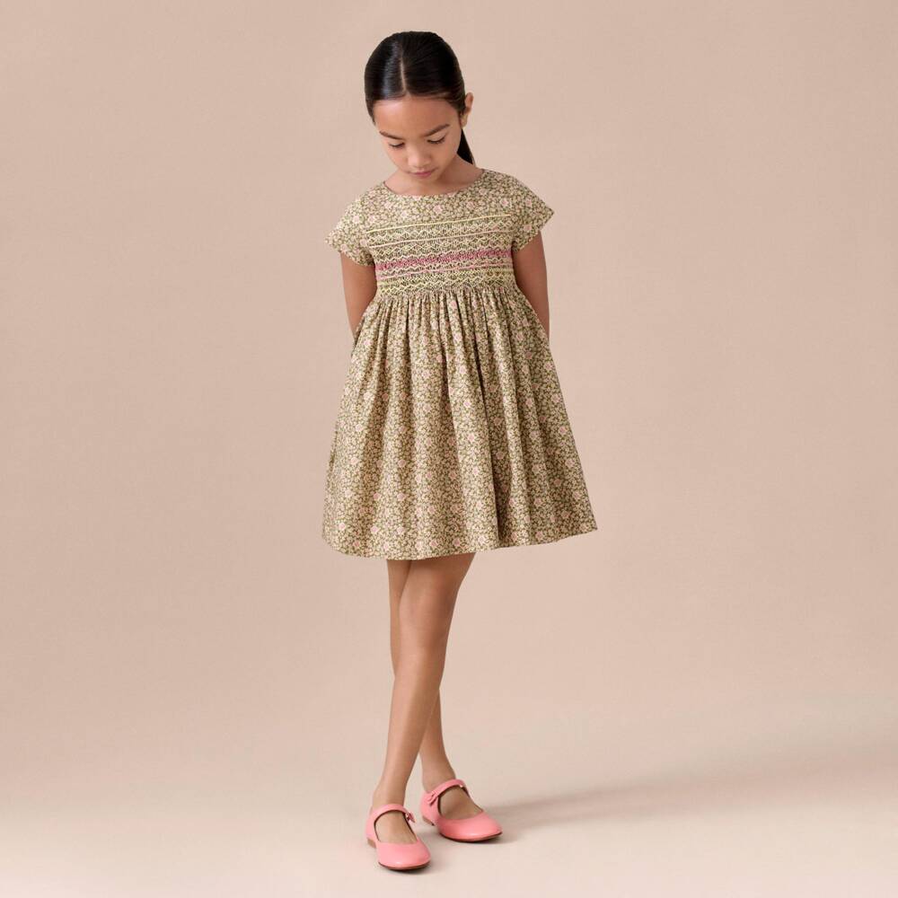 Bonpoint-Girls Khaki Green Liberty Floral Fabric Smocked Dress | Childrensalon