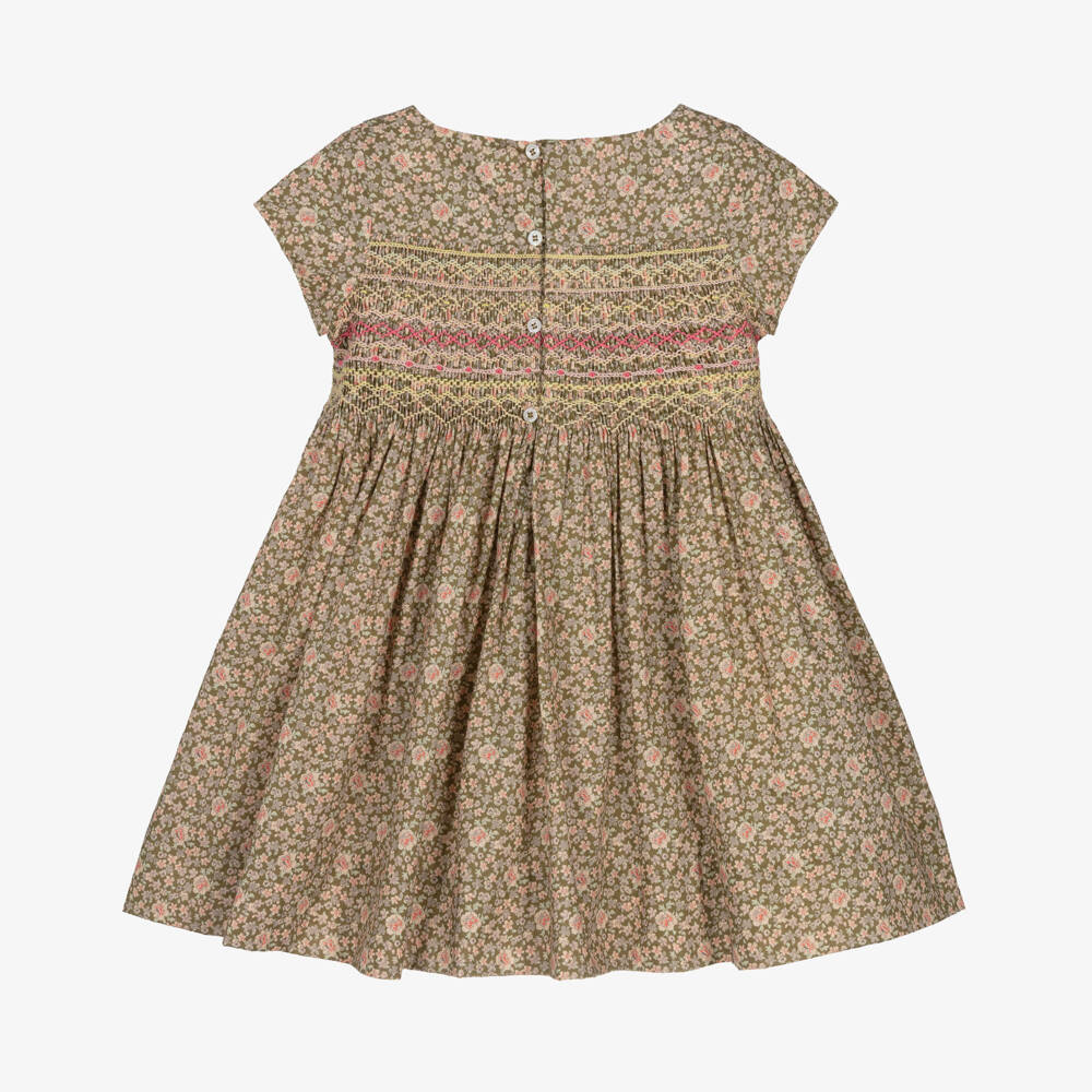 Bonpoint-Girls Khaki Green Liberty Floral Fabric Smocked Dress | Childrensalon