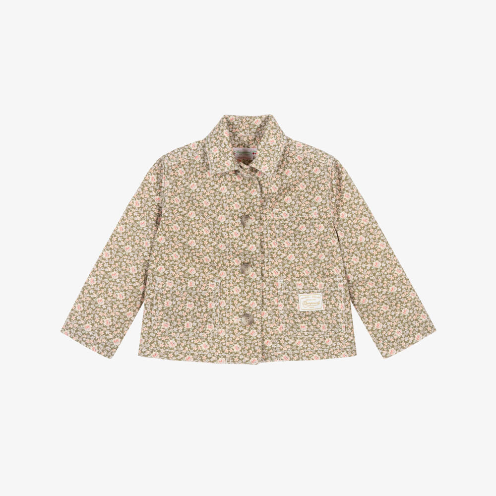 Bonpoint-Куртка зеленая хаки с розовым цветочным принтом Liberty для девочек | Childrensalon