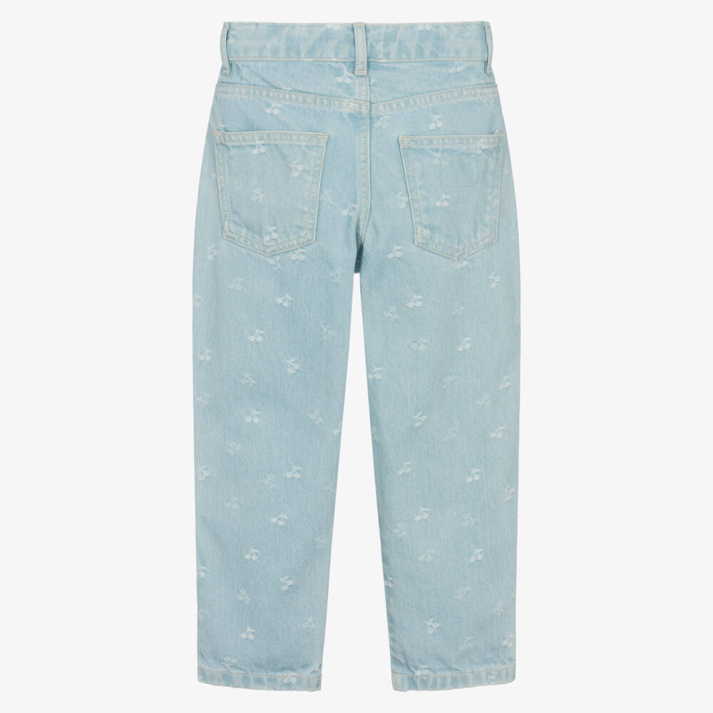 Bonpoint-Girls Light Blue Denim Jeans with Cherry Logo Pattern | Childrensalon