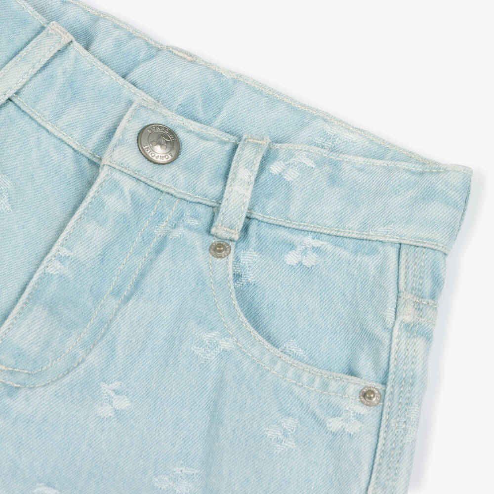 Bonpoint-Girls Light Blue Denim Jeans with Cherry Logo Pattern | Childrensalon