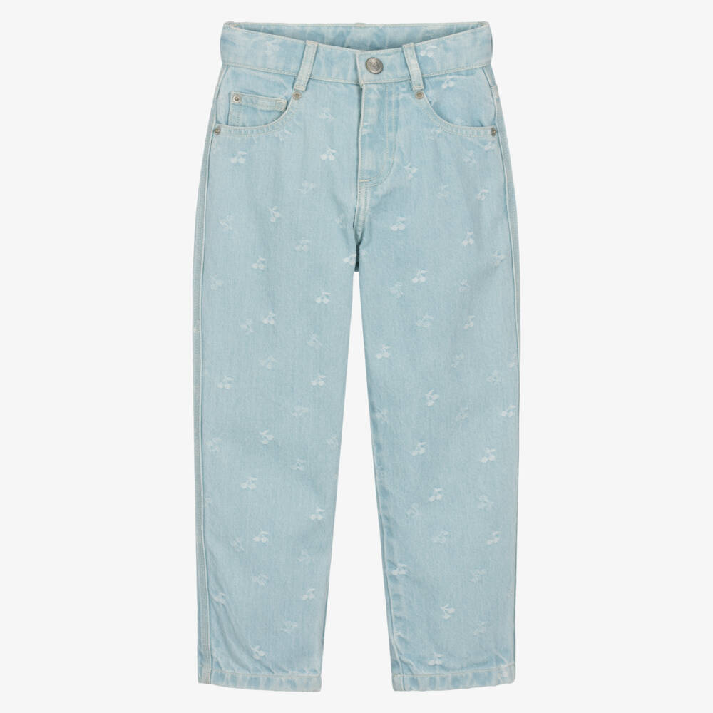 Bonpoint-Girls Light Blue Denim Jeans with Cherry Logo Pattern | Childrensalon