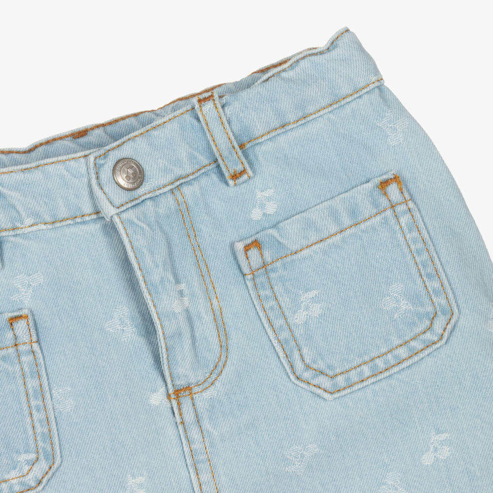 Bonpoint-Girls Light Blue Denim Skirt with Cherry Logo Pattern | Childrensalon