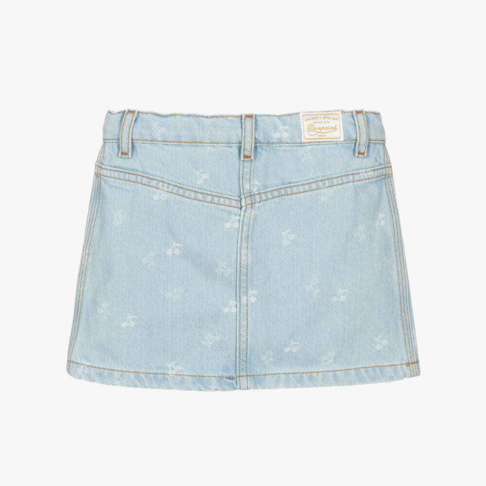 Bonpoint-Girls Light Blue Denim Skirt with Cherry Logo Pattern | Childrensalon