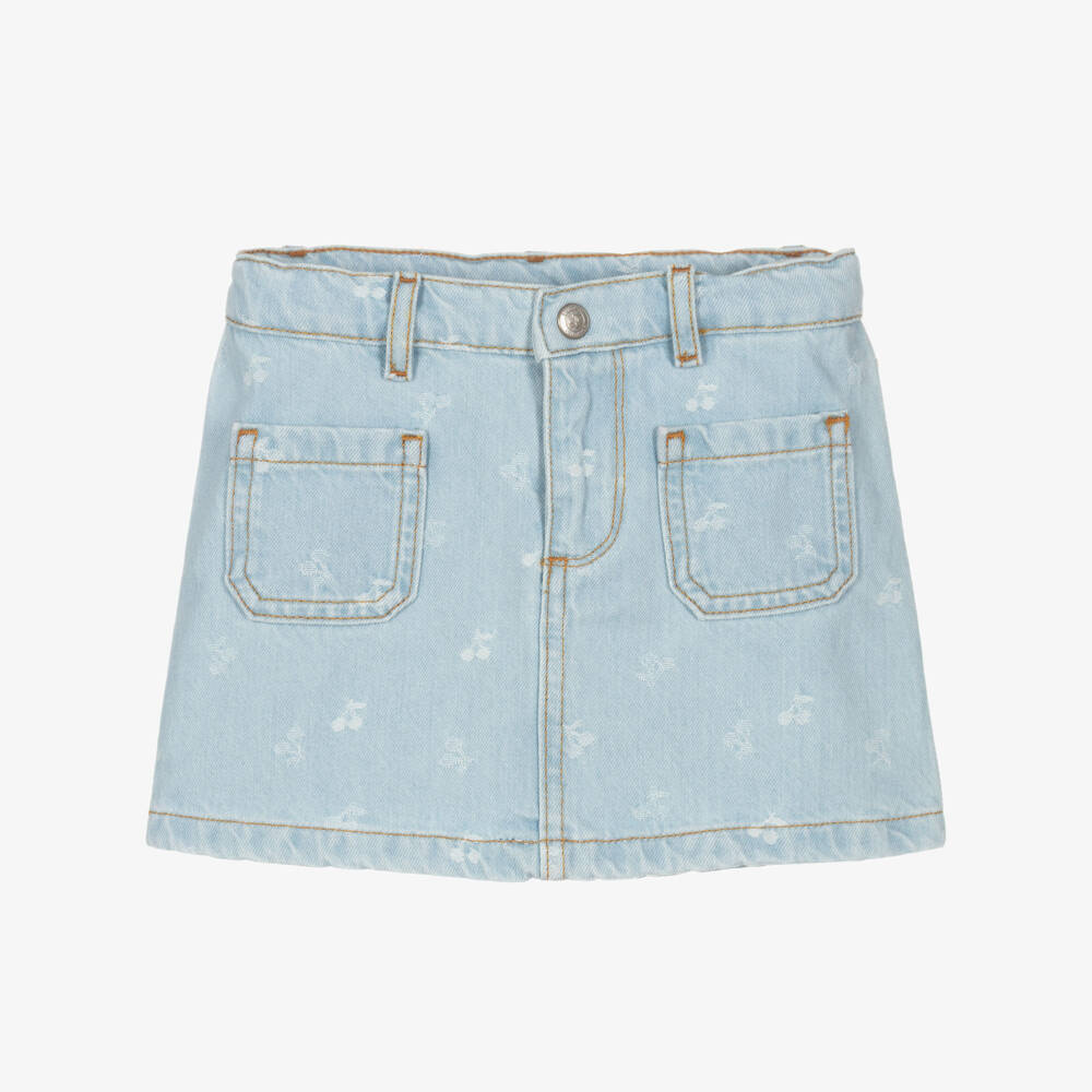 Bonpoint-Girls Light Blue Denim Skirt with Cherry Logo Pattern | Childrensalon