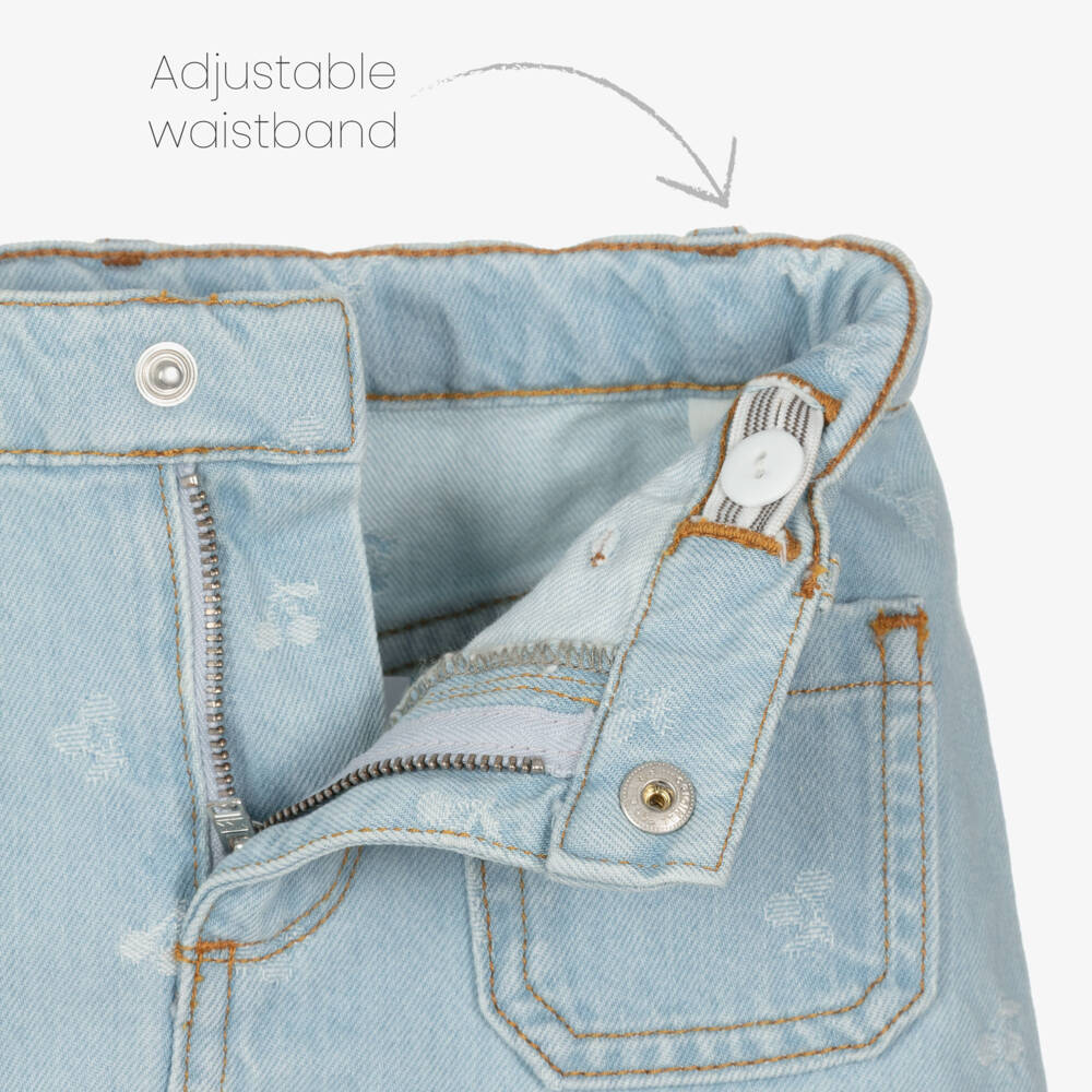 Bonpoint-Girls Light Blue Denim Skirt with Cherry Logo Pattern | Childrensalon