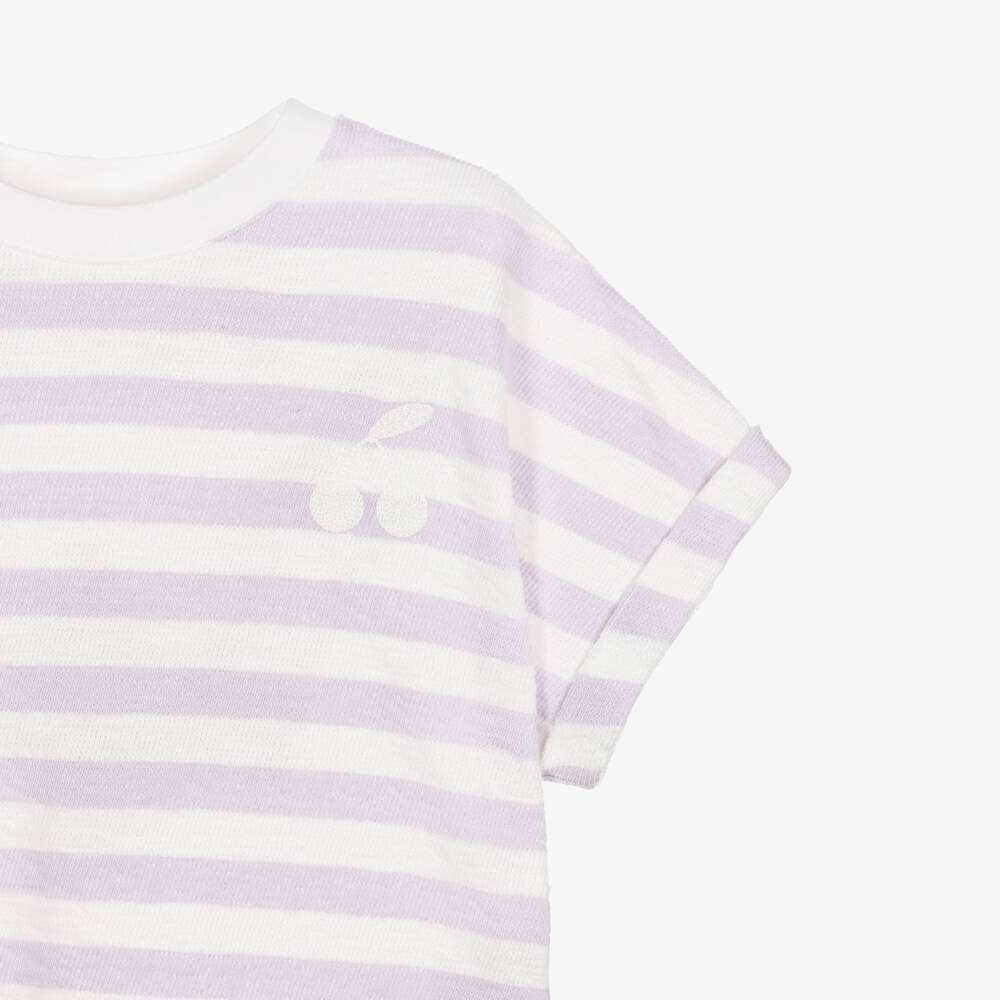 Bonpoint-Girls Lilac & Ivory Stripe Cotton Boxy T-Shirt | Childrensalon