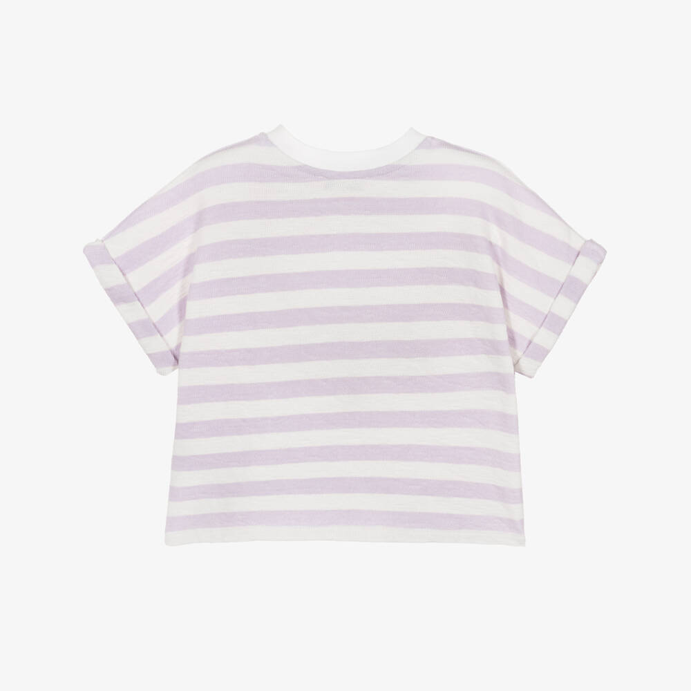 Bonpoint-Girls Lilac & Ivory Stripe Cotton Boxy T-Shirt | Childrensalon