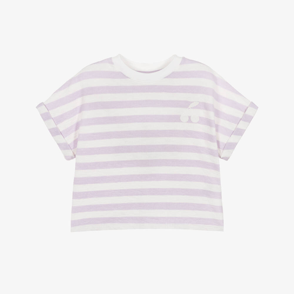 Bonpoint-Girls Lilac & Ivory Stripe Cotton Boxy T-Shirt | Childrensalon