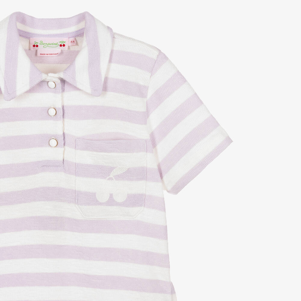 Bonpoint-Girls Lilac & Ivory Stripe Cotton Polo Dress | Childrensalon