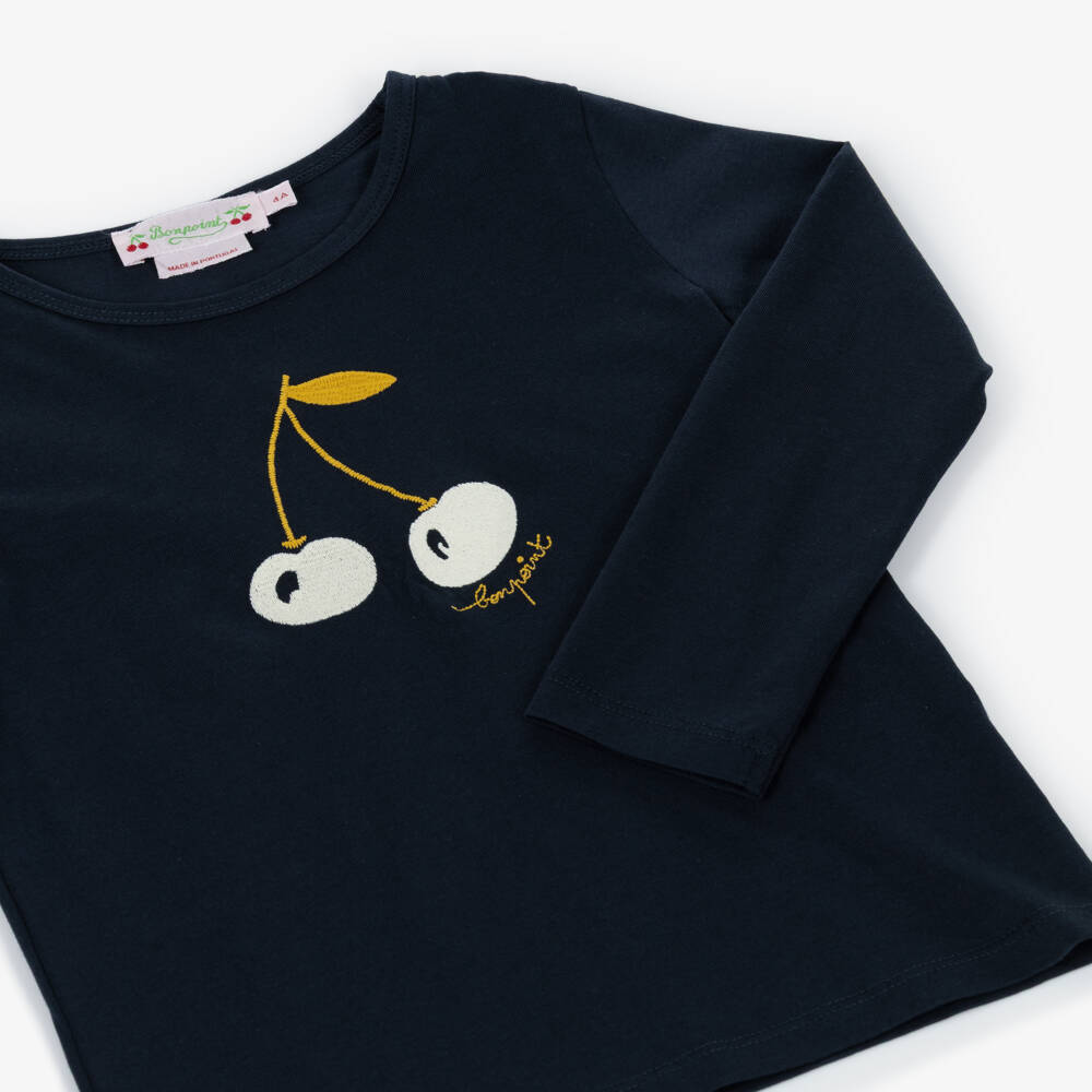 Bonpoint-Girls Navy Blue Cotton Cherry Embroidery Top  | Childrensalon