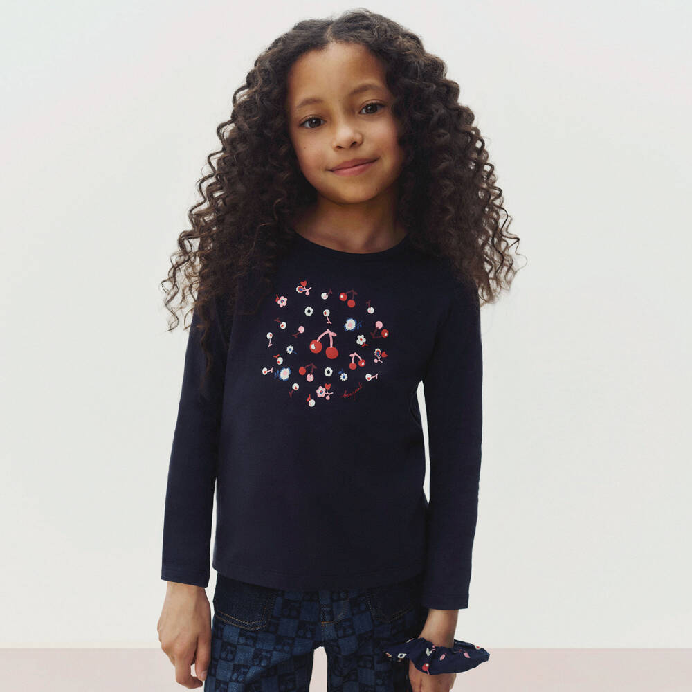 Bonpoint-Girls Navy Blue Cotton Top with Cherry Print | Childrensalon