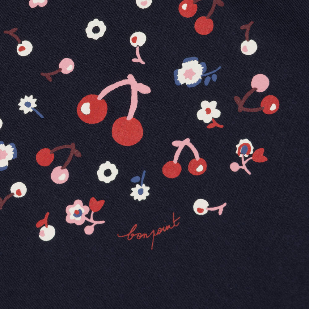 Bonpoint-Girls Navy Blue Cotton Top with Cherry Print | Childrensalon
