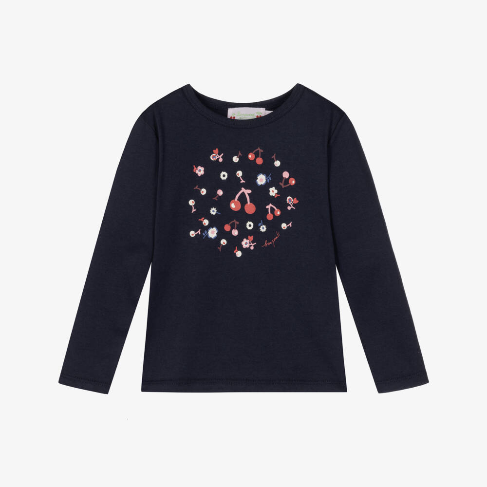 Bonpoint-Girls Navy Blue Cotton Top with Cherry Print | Childrensalon