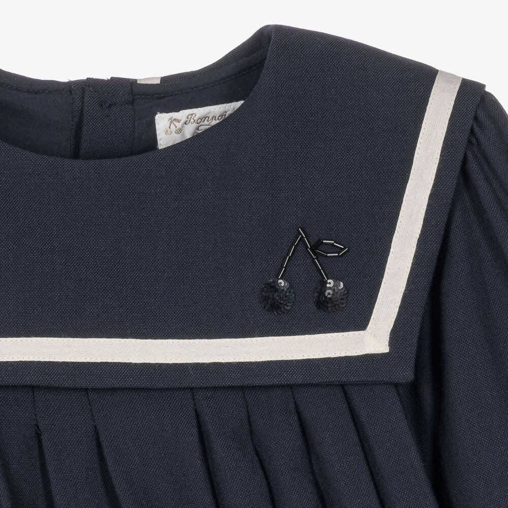 Bonpoint-Girls Navy Blue Dress with Sailor-Style Collar | Childrensalon