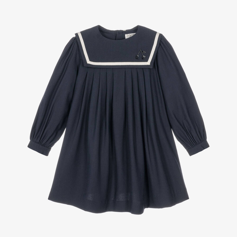 Bonpoint-Girls Navy Blue Dress with Sailor-Style Collar | Childrensalon