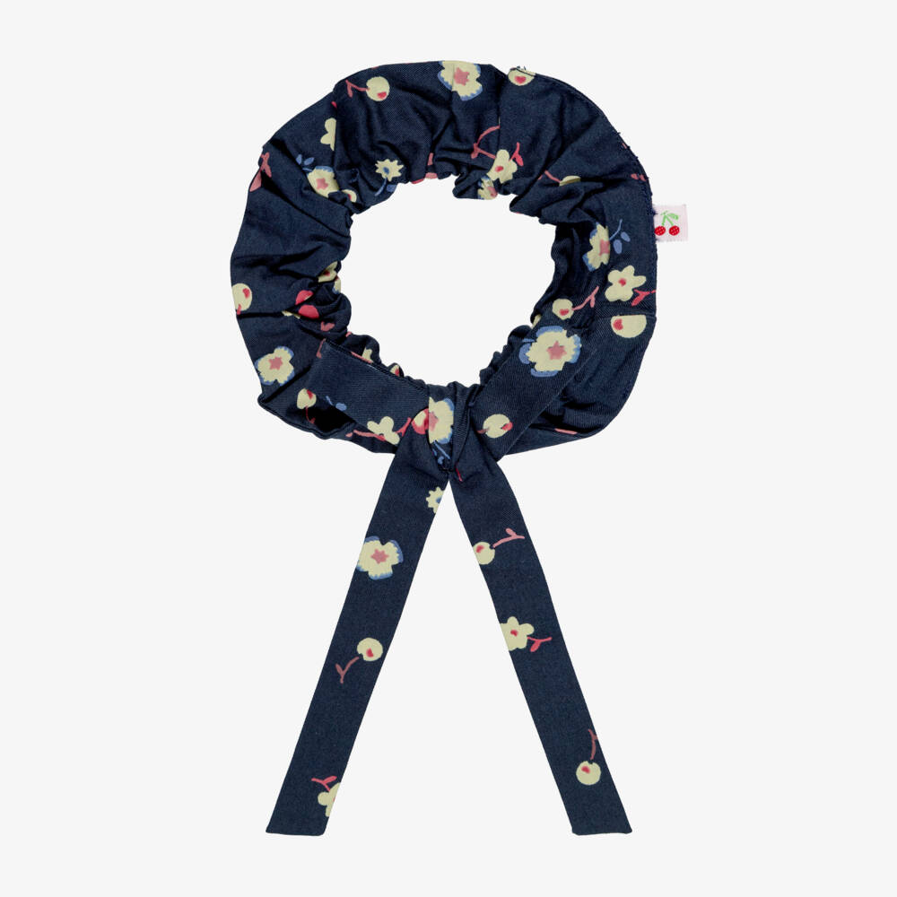 Bonpoint-Girls Navy Blue Hair Scrunchie with Cherry Print | Childrensalon