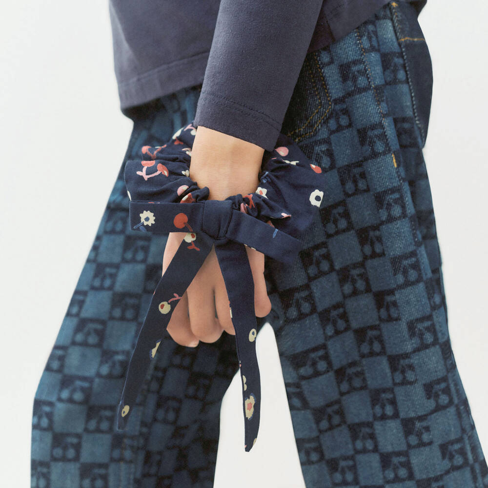 Bonpoint-Girls Navy Blue Hair Scrunchie with Cherry Print | Childrensalon