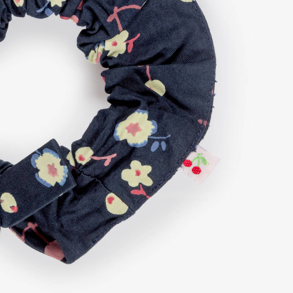 Bonpoint-Girls Navy Blue Hair Scrunchie with Cherry Print | Childrensalon