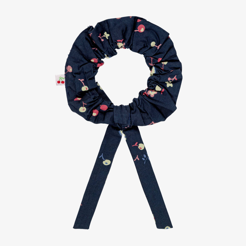 Bonpoint-Girls Navy Blue Hair Scrunchie with Cherry Print | Childrensalon