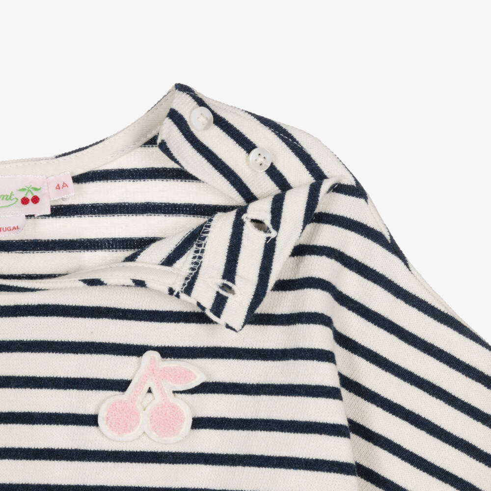 Bonpoint-Платье сине-кремовое в полоску из махрового трикотажа для девочек | Childrensalon