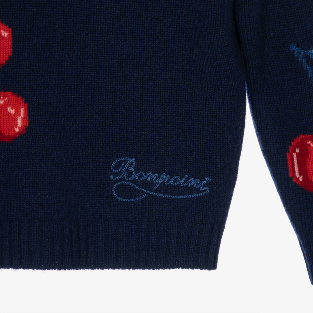 Bonpoint-Girls Navy Blue Sweater with Cherry Design | Childrensalon