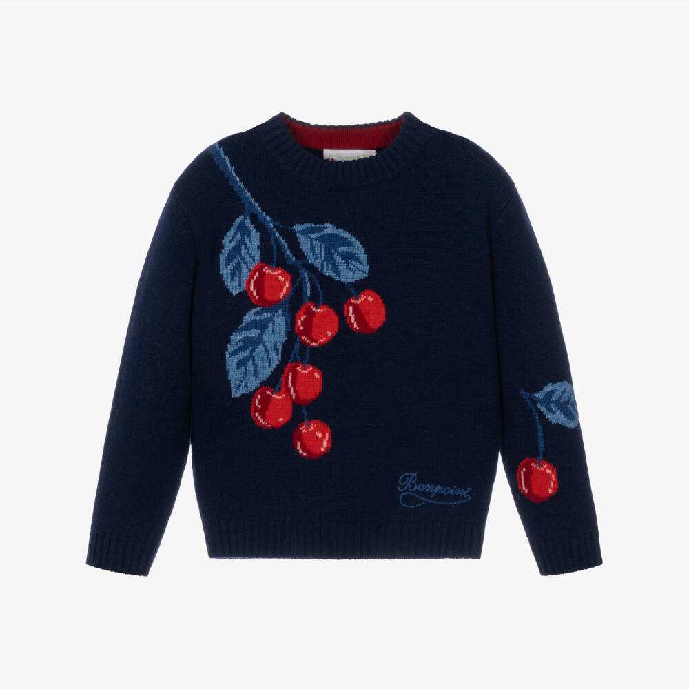 Bonpoint-Girls Navy Blue Sweater with Cherry Design | Childrensalon