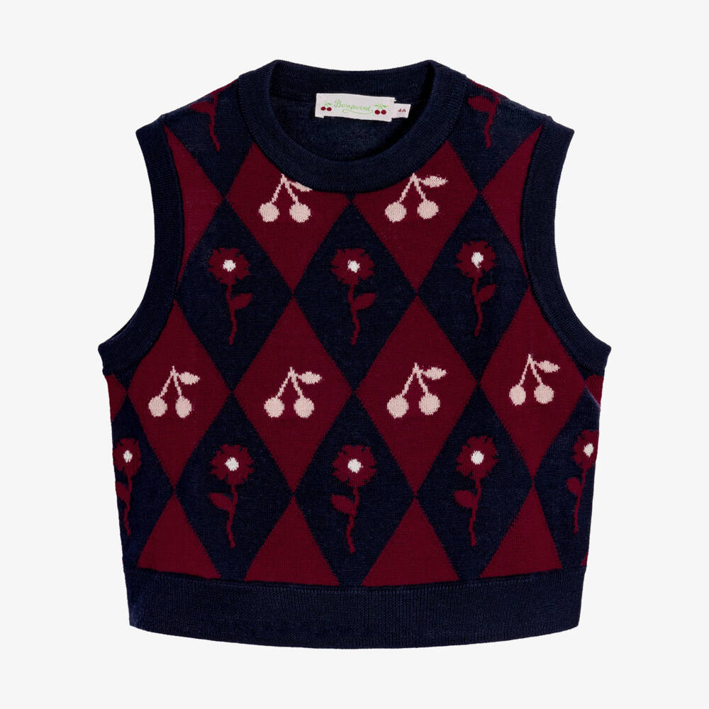 Bonpoint-Girls Navy Blue Wool Cherry & Argyle Sweater Vest | Childrensalon